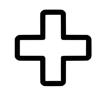 Artı sembolün ya da çapraz şeklin koyu siyah çizgisi. Simge hafifçe yuvarlak kenarlara sahiptir ve toplama, sağlık veya pozitiflik gibi kavramları temsil eden temiz beyaz bir arkaplan üzerinde sunulur..