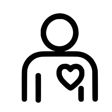 Göğsünde kalp olan stilize edilmiş bir insanı gösteren minimalist siyah çizgi ikonu. Bu sembol sağlık, aşk, bakım ve tıbbi kardiyoloji gibi kavramları temsil eder..