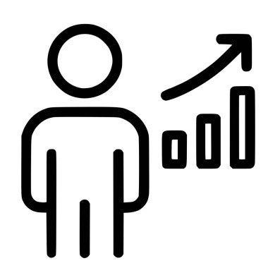 Beyaz arkaplanda büyümeyi, ilerlemeyi, başarıyı ve gelişmeyi sembolize eden yukarı doğru ok atan bir kişiyi gösteren basit bir siyah çizgi simgesi.