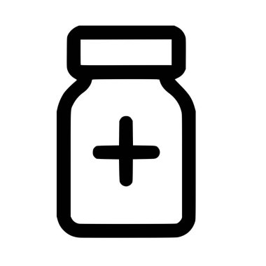 Bir ilaç şişesi ya da şişenin temiz ve basit bir çizimi. Konteynırda sağlık, eczane ve tedaviyi sembolize eden belirgin bir tıbbi artı işareti yer alıyor..