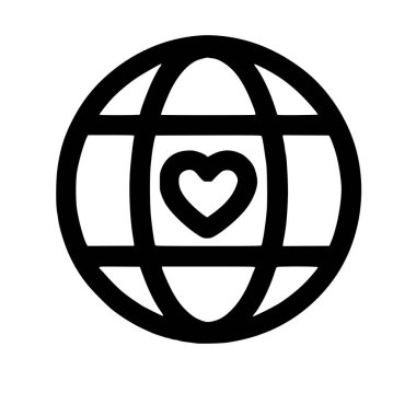 Ortada kalbi olan bir küreyi gösteren minimalist siyah beyaz bir simge. Bu sembol küresel sevgi, barış, çevre bakımı ve uluslararası birlik gibi kavramları temsil etmektedir..
