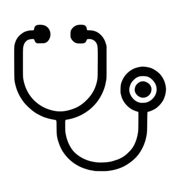 Steteskopun minimalist siyah dış görünüş simgesi, tıbbi bir bakım aracı. Bu basit vektör grafiği sağlık, teşhis ve tıp mesleğini temsil ediyor..