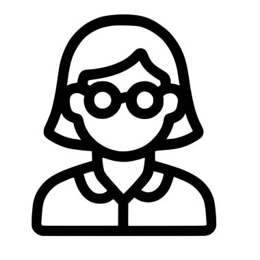Bir kişinin kafa ve omuzlarının basit bir siyah taslak simgesi. Tasmalı gömlek giyen, kısa saçlı, yuvarlak gözlüklü bir kadın. Kullanıcı profili için mükemmel.