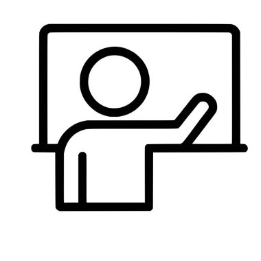 Bir kişinin ya da eğitmenin bir kurul önünde sunum ya da konferans vermesini tasvir eden minimalist bir siyah taslak ikonu. Eğitim, iş ve eğitim kavramlarına uygundur.