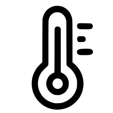 Termometrenin minimalist siyah beyaz vektör simgesi. Basit çizgi sanat tasarımı izole bir zeminde sıcaklık, hava veya ateşi sembolize eden ölçüm işaretlerini gösterir..