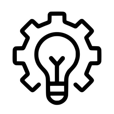A simple black line icon representing innovation, creativity, and development. A lightbulb symbolizing an idea is placed inside a gear, which represents process and engineering.