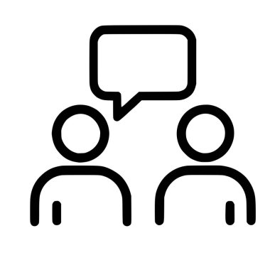 Tartışılan iki kişiyi gösteren bir minimalist siyah taslak ikonu. Bir kişinin üzerinde iletişim, diyalog ya da geri bildirimi simgeleyen bir konuşma balonu vardır..