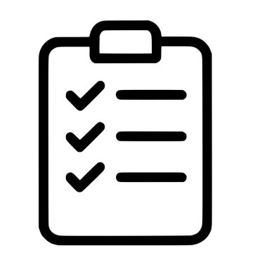 Tamamlanmış bir listeyi gösteren bir panonun minimalist simgesi. Bu sembol beyaz bir arkaplan üzerinde görev, planlama, organizasyon ve başarılı proje tamamlama temsil etmektedir.