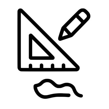 Tasarım ve taslağı temsil eden basit bir çizgi sanat ikonu, bir kare cetvel, bir kalem ve çizilmiş bir çizgi içerir. Beyaz bir arkaplanda izole edilmiş.