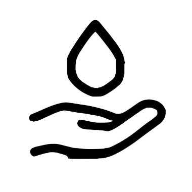 A simple black and white line art icon showing a cupped hand with a single drop of water or liquid above it. Symbolizes conservation, charity, purity, and sanitation.