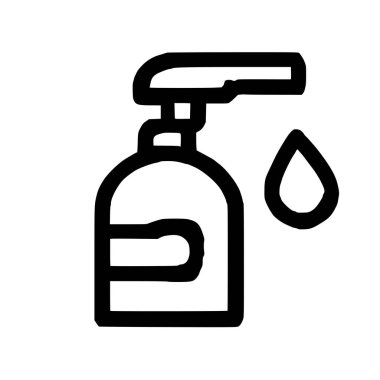 Sıvı sabun, losyon ya da dezenfektan için pompa şişesini temsil eden basit bir siyah beyaz çizgi ikonu. Tek bir damla dağıtıldı. Hijyen ve temizlik kavramları için ideal..