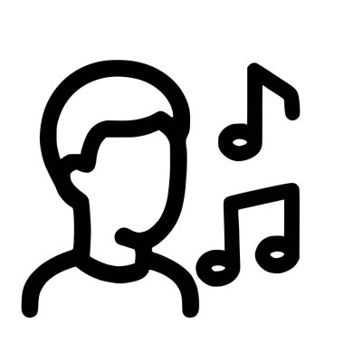 Müzik notalarının yanında bir kişinin başını ve omuzlarını gösteren basit bir siyah taslak simgesi. Bu vektör grafik şarkı söylemeyi, melodiyi, sesi ve müzik dinlemeyi temsil eder..