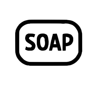 Koyu renkli serif yazı tipi olmayan SOAP sözcüğünü içeren minimalist bir çizgi sanat ikonu. Metin siyah yuvarlak dikdörtgen bir çerçeve ile çevrilidir. Temizlik veya temizlik etiketleri için ideal.