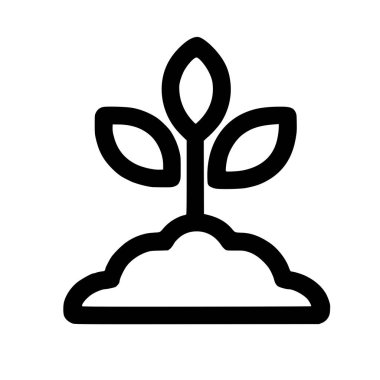 Yeni başlangıçları, büyümeyi ve doğayı temsil eden minimalist bir vektör ikonu. Tasarım, beyaz arka planda bir toprak yığınından filizlenen üç yapraklı genç bir fidanı gösteriyor..