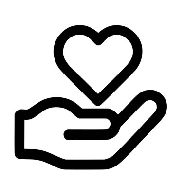 Bir elin kalp sunan basit bir siyah taslak simgesi. Bu grafik hayırseverlik, sevgi, bağış, şefkat, destek ve gönüllülük gibi kavramları temsil ediyor. Beyaz bir arkaplanda izole edilmiş.