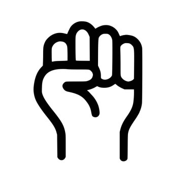 Bir insan elinin yumruğa yapışmış basit bir siyah çizgi sanat simgesi. Bu sembol gücü, dayanışmayı, devrimi ve meydan okumayı temsil ediyor, beyaz bir arka planda izole edilmiş..
