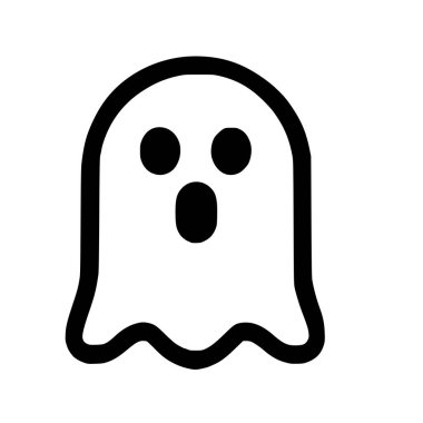 A minimalist black and white icon of a ghost. The character has a simple, rounded shape with a wavy bottom, round eyes, and an open mouth, conveying a sense of surprise or fear.
