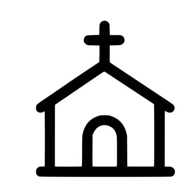 Bir şapel binasının minimalist vektör grafiği. Bu basit taslak, katlı bir çatı, kemerli bir kapı ve üzerinde inanç ve ibadeti sembolize eden bir Hristiyan haçı içerir..