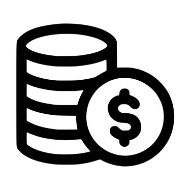 İçinde bir yığın bozuk para ve dolar sembolü olan tek bir madeni para bulunan basit bir siyah çizgi sanat ikonu. Bu grafik para, finans, para, tasarruf ve zenginliği temsil ediyor.