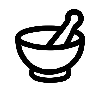 Bir havan topu ve tokmağı tasvir eden minimalist siyah ana hatlı bir ikon, eczane veya yemeklerde şifalı otlar, baharatlar ve ilaçlar için kullanılan geleneksel bir araç, beyaz bir arka planda izole edilmiş..
