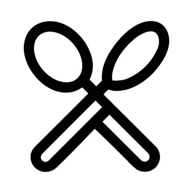 İki çapraz kaşığın minimalist grafiği. Bu basit siyah beyaz çizgi ikonu yemek, yemek, restoran veya çatal bıçak takımını temsil ediyor. Web veya uygulama tasarımı için vektör illüstrasyonu.