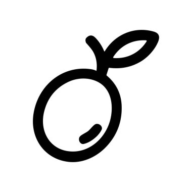 Bir zeytin minimalist siyah beyaz simgesi. Bu basit çizim, temiz, grafik ve modern tarzda sunulan, küçük saplı ve tek yapraklı tek bir zeytin meyvesini içerir..
