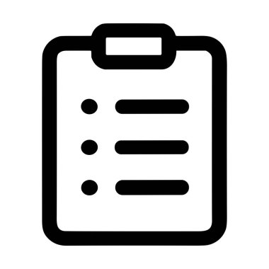 Kurşun listeli bir belgeyi elinde tutan bir panonun minimalist siyah beyaz çizgi simgesi. Görevler, yapılacaklar ve planlama için izole vektör grafiği.