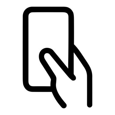 Cep telefonu tutan bir elin minimalist siyah beyaz vektör simgesi. Teknoloji, iletişim ve mobil uygulamalar için basit çizgi sanat sembolü.