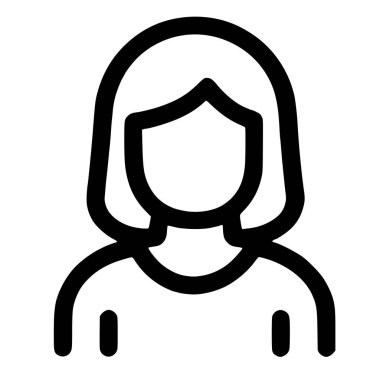 Minimalist siyah beyaz vektör ikonu omuz hizasında saçlı genel bir kadın tasvir ediyor. Kullanıcı arayüzü, profil veya avatar temsili için ideal.