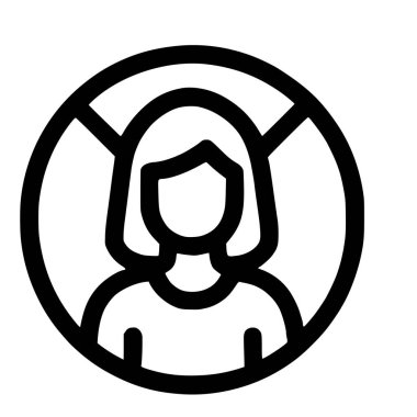 Üstü çizilmiş bir çemberin içinde yasaklı, engellenmiş veya kısıtlanmış bir kullanıcı hesabı veya profilini simgeleyen bir kadın avatarın minimalist siyah beyaz çizgi simgesi.