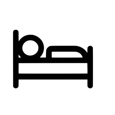A minimalist black outline icon depicting a stylized person lying down and resting in a bed. This pictogram is isolated on a clean white background, representing sleep or accommodation.