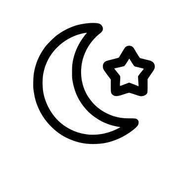 Hilal ve beş köşeli yıldızın minimalist grafik çizimi. Bu basit siyah taslak simgesi geceyi, uykuyu veya gök temasını temsil eder..