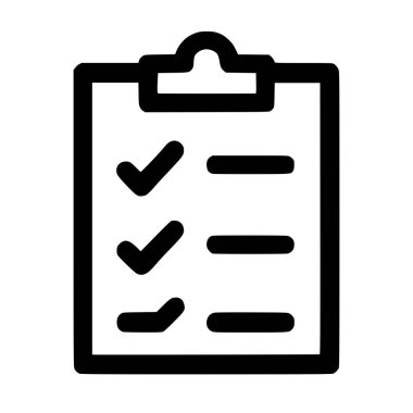 Listesi olan bir kağıdı tutan bir panonun basit bir çizgi resim simgesi. İlerlemeyi temsil eden iki öge işaretlenirken, biri yarım kaldı. Beyaz bir arkaplanda izole edilmiş.