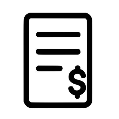 Fatura, fatura veya fiş gibi finansal bir belgeyi temsil eden basit bir siyah beyaz çizgi simgesi. Dolar sembolü ödeme, maliyet ya da gider anlamına gelir.
