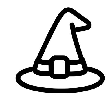 Geleneksel cadı şapkasının minimalist siyah çizgili sanat simgesi. Dizaynda sivri bir koni, geniş dairesel bir kenar ve kare tokalı bir bant bulunur..