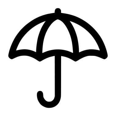Açık bir şemsiyenin minimalist siyah ana hatlı simgesi. Bu çok yönlü sembol yağmuru, havayı, korumayı, güvenliği ve sigortayı temsil ediyor. Beyaz bir arkaplanda izole edilmiş.