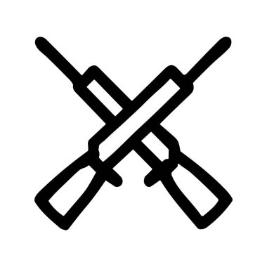 Çapraz çizilmiş iki oklavanın basit bir siyah beyaz çizimi. Beyaz bir arkaplanda izole edilmiş pişirme, yemek pişirme, mutfak veya fırın kavramları için minimalist simge veya sembol.