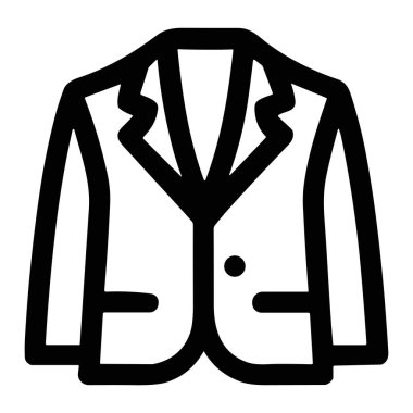 Resmi bir ceket ya da takım elbise tasvir eden minimalist ve modern bir vektör ikonu. Bu basit siyah taslak grafiği iş, moda veya resmi etkinlik temaları için mükemmeldir.
