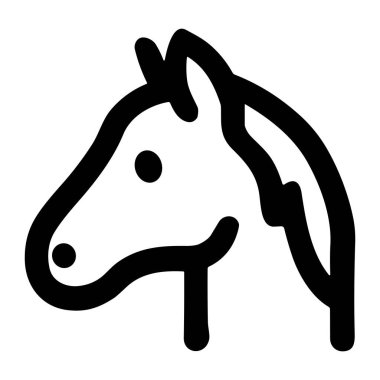 Bir at kafasının minimalist vektör çizimi. Bu temiz ve modern ikon düz beyaz arkaplan üzerinde cesur bir siyah anahat içeriyor, hayvanlarla veya binicilik faaliyetleriyle ilgili logolar veya semboller için mükemmel.