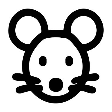 Şaşırmış bir fare ya da farenin yüzünü tasvir eden basit ve temiz bir siyah beyaz simge. Bu minimalist grafik kalın çizgiler, yuvarlak kulaklar ve açık bir ağız içerir..