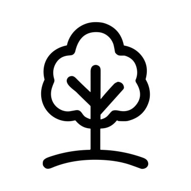 Koyu siyah çizgilerle çizilmiş temiz ve basit bir ağaç simgesi. Bu minimalist grafik stilize edilmiş bir gövde, dallar ve bulut benzeri bir taç içeriyor. Çevre dostu ya da doğa temalı tasarımlar için mükemmel..