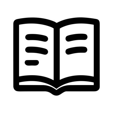 Açık bir kitabın basit bir siyah beyaz çizgi sanat simgesi. Bu minimalist grafik sembol, beyaz arka planda izole edilmiş okuma, edebiyat, öğrenme, bilgi ve eğitimi temsil eder..