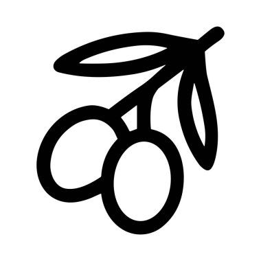 Temiz, koyu siyah çizgili, zeytin dalı tasvir eden bir sanat simgesi. Bu basit grafik iki oval zeytin ve birkaç yaprak içeriyor, logolar, gıda ambalajları veya mutfak tasarımları için mükemmel..