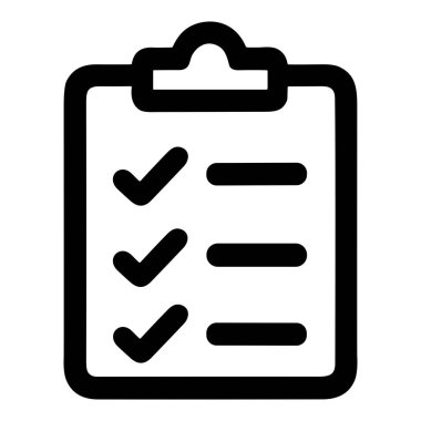 A minimalist vector graphic of a clipboard holding a document with three checked items. This symbol represents tasks, completion, survey, planning, and organization.