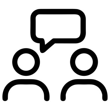 A minimalist black and white line icon showing two figures communicating. A speech bubble above them symbolizes dialogue, discussion, feedback, or a meeting.