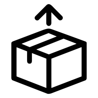 A minimalist black and white vector icon showing a cardboard box or package with an arrow pointing up, symbolizing shipping, sending, or uploading.