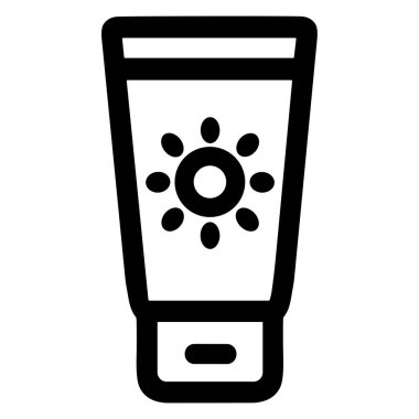 A simple black outline icon of a sunscreen or sunblock tube, featuring a sun graphic on the front. Isolated on a white background, representing sun protection and skincare.