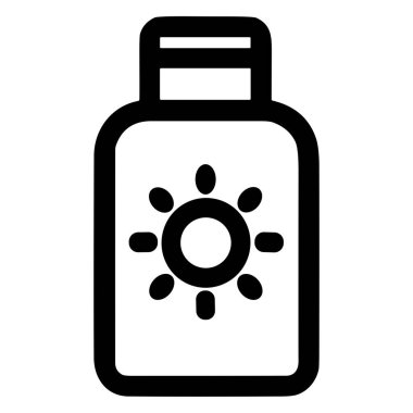 Güneş kremi ya da güneş kremi şişesinin minimalist siyah beyaz çizgi simgesi. Kapta UV koruması ve cilt bakımını sembolize eden basit bir güneş grafiği yer alıyor..