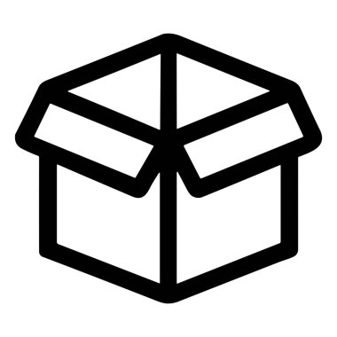 Açık bir karton kutunun minimalist siyah beyaz taslak simgesi. Bu vektör grafiği lojistik, e-ticaret ve paket teslim temaları için mükemmeldir..