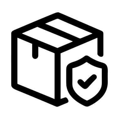 A simple line art icon representing secure and insured shipping. A cardboard box is paired with a shield and checkmark, symbolizing package protection and safe delivery.
